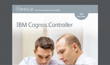 Cover of InfoCat factsheet for IBM Cognos Controller featuring two male work colleagues studying an unseen spreadsheet.