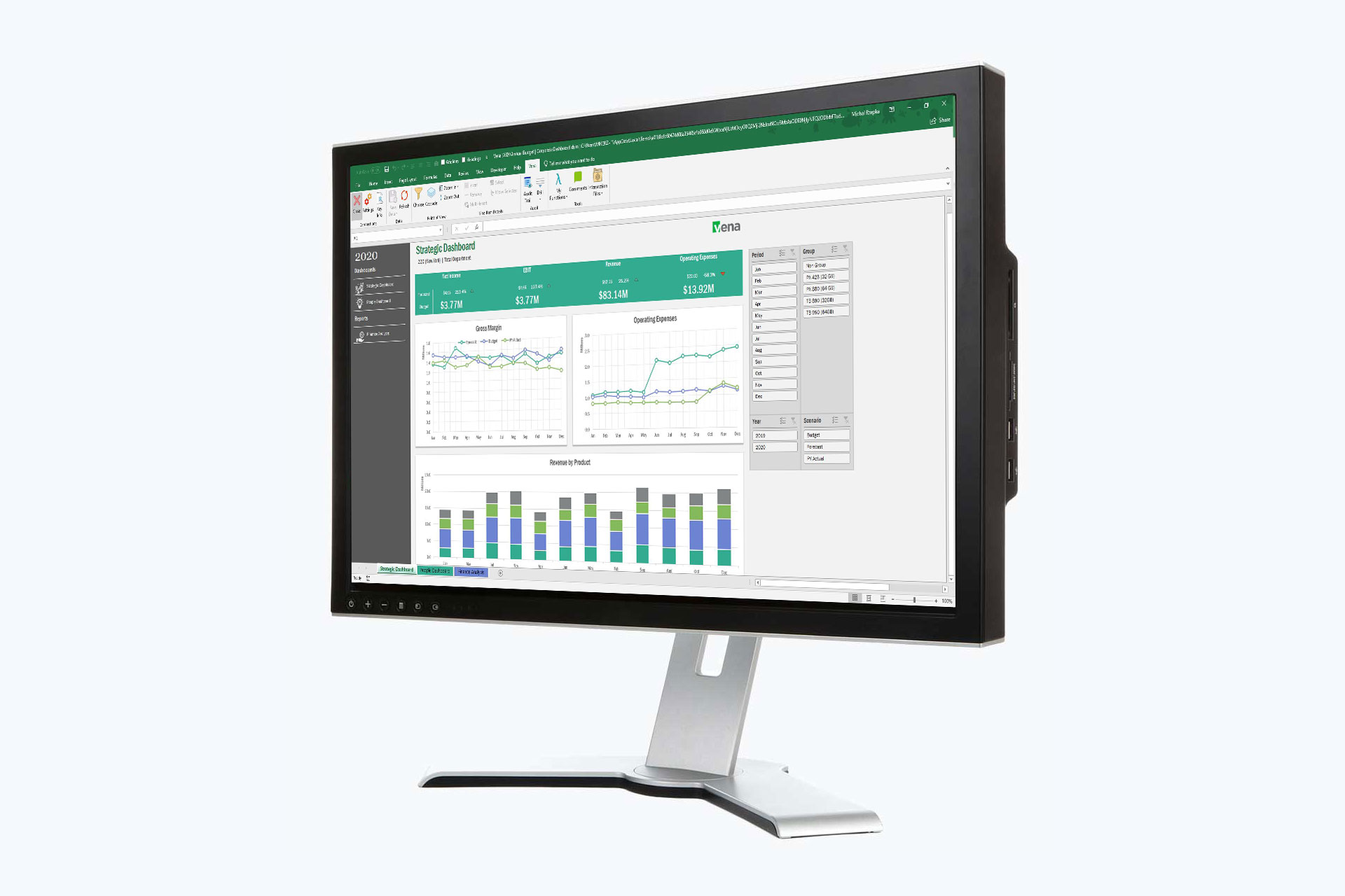 Corporate dashboard in Excel illustrated on a computer monitor.