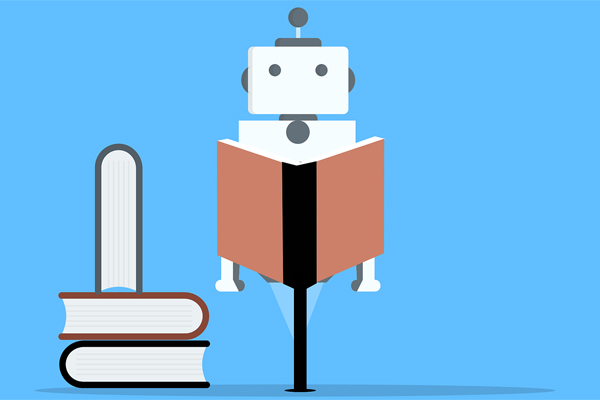 Illustration of automated data update with a robot reading a book.