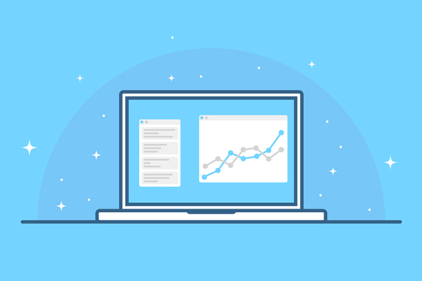 Illustration of laptop with graphs and charts on a light blue background.